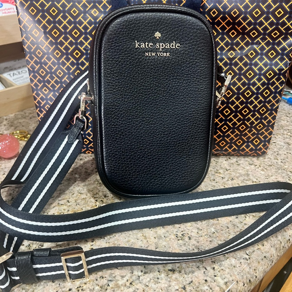 FLASH SALE**Kate Spade Black Phone Bag with Striped Strap